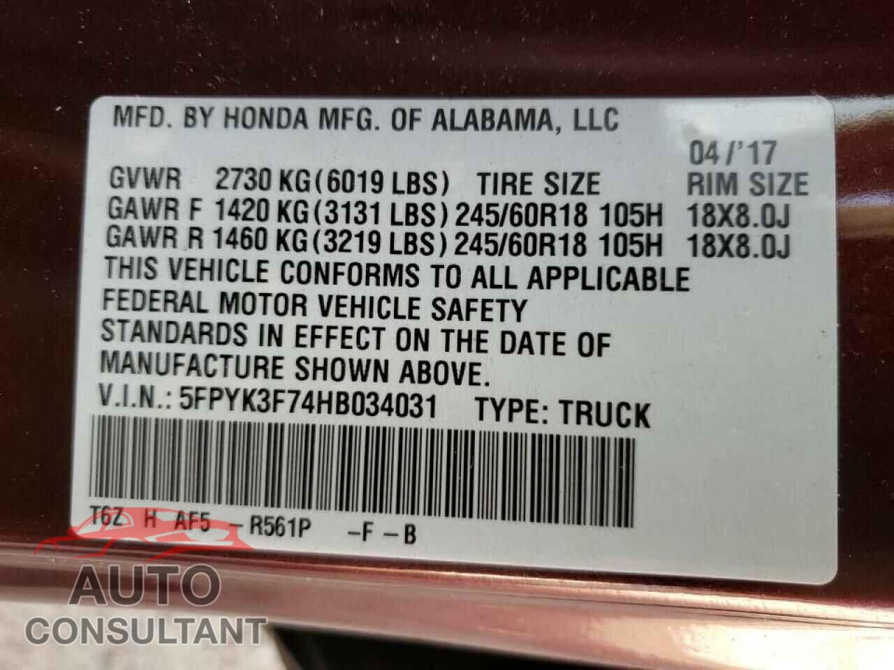 HONDA RIDGELINE 2017 - 5FPYK3F74HB034031