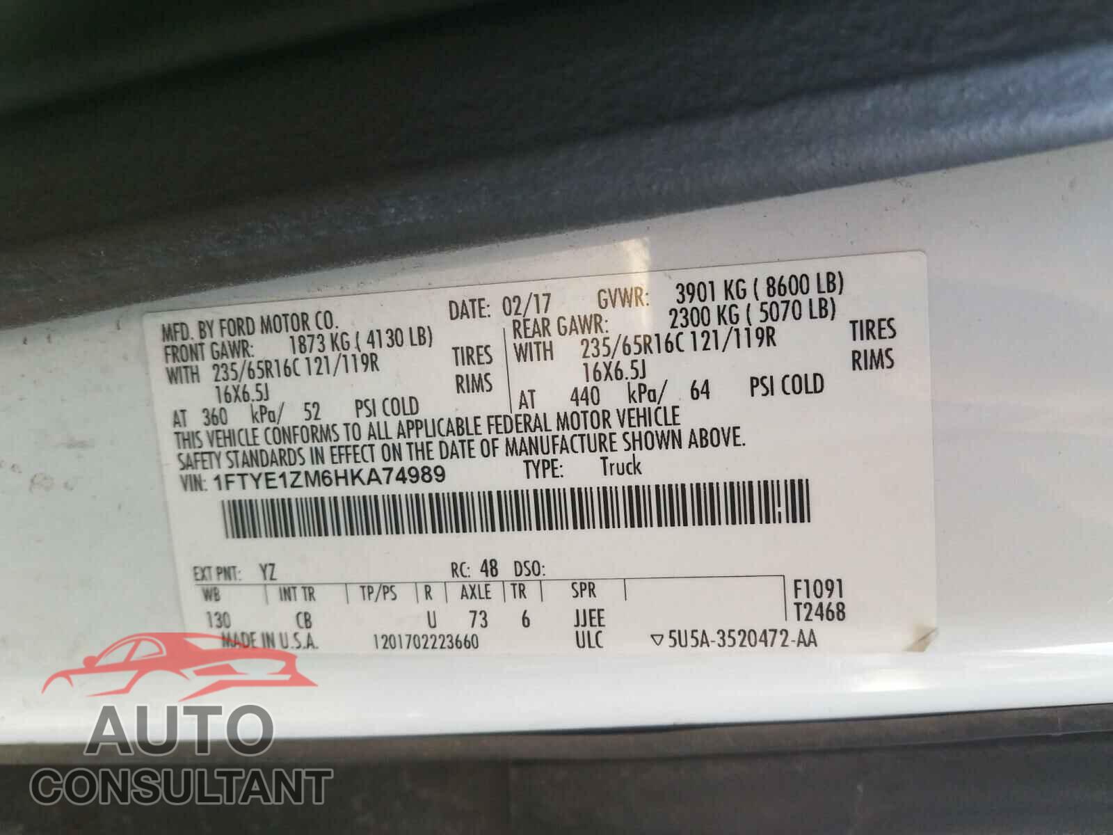 FORD TRANSIT CO 2017 - 1FTYE1ZM6HKA74989