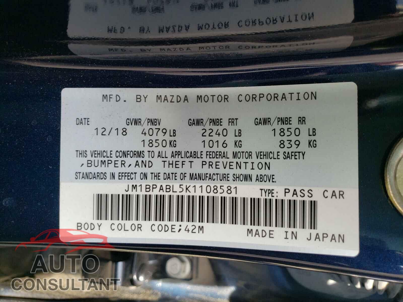 MAZDA 3 2019 - JM1BPABL5K1108581