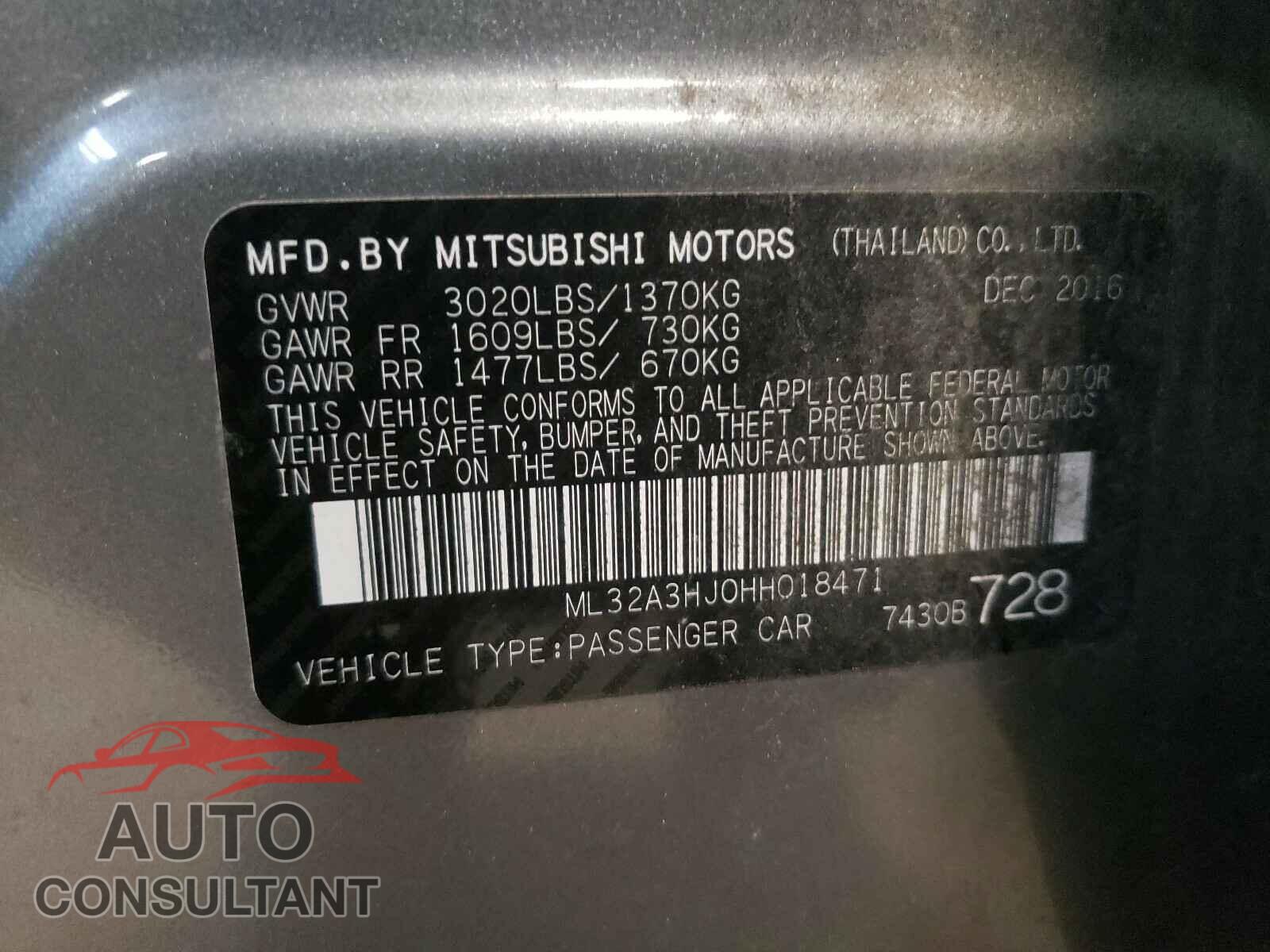 MITSUBISHI MIRAGE 2017 - ML32A3HJ0HH018471