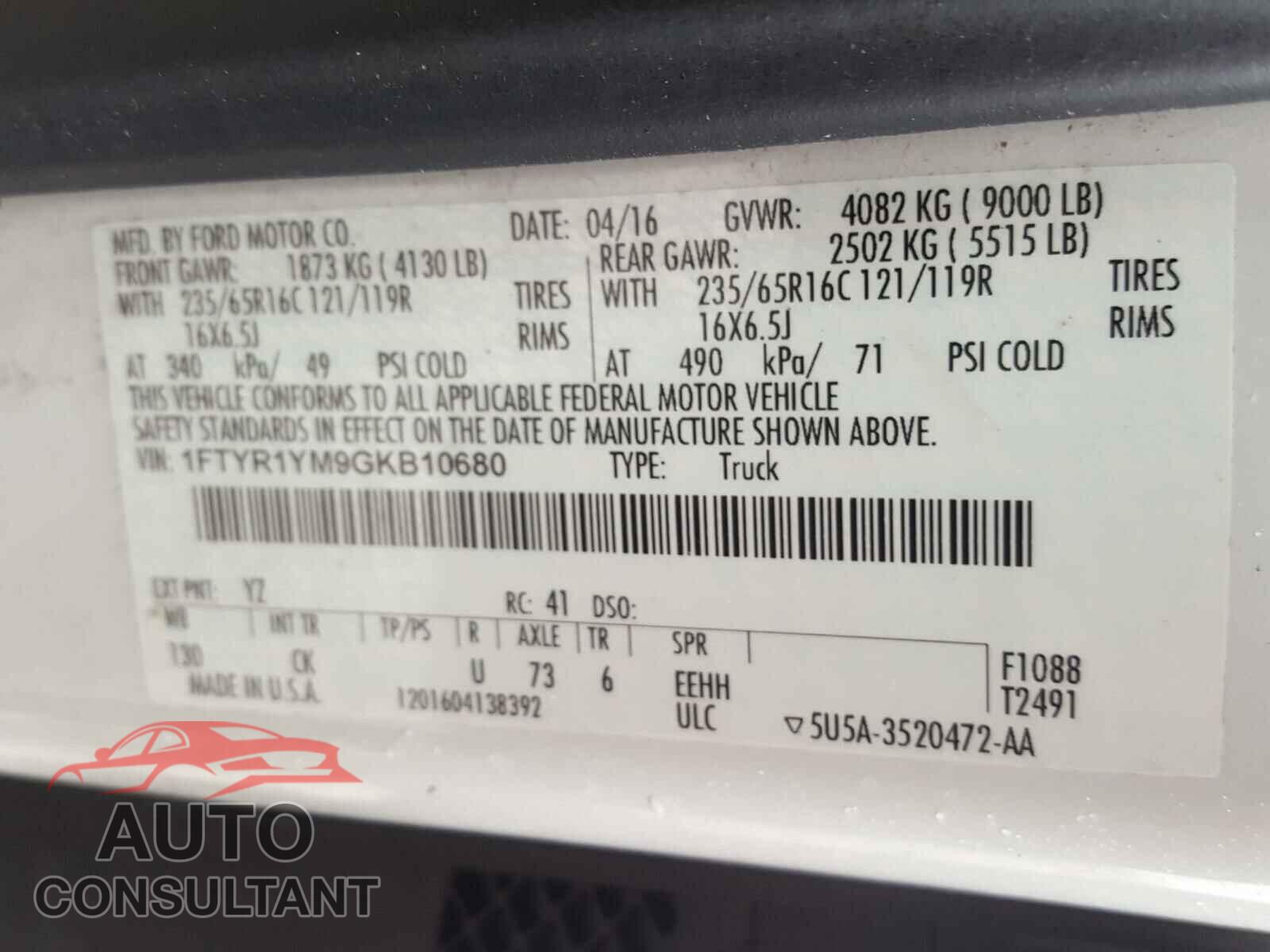 FORD TRANSIT CO 2016 - 1FTYR1YM9GKB10680