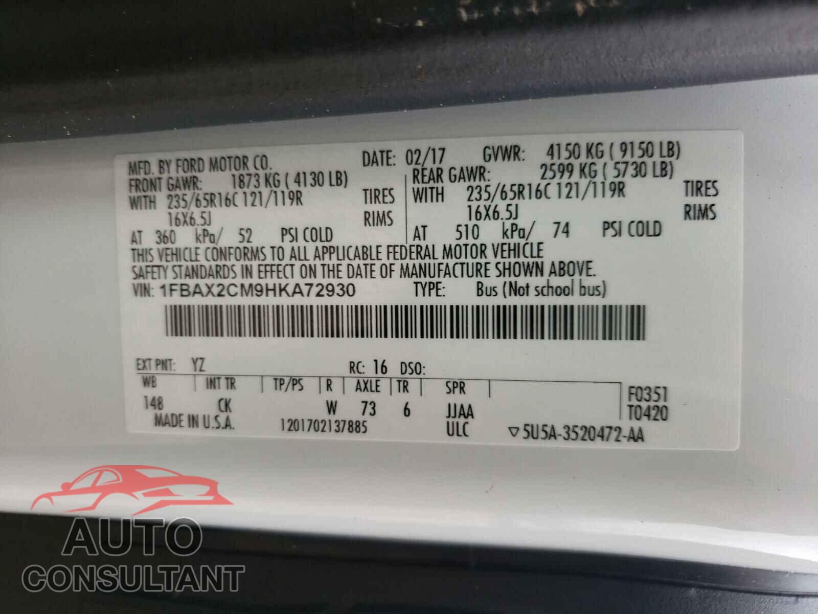 FORD TRANSIT CO 2017 - 1FBAX2CM9HKA72930