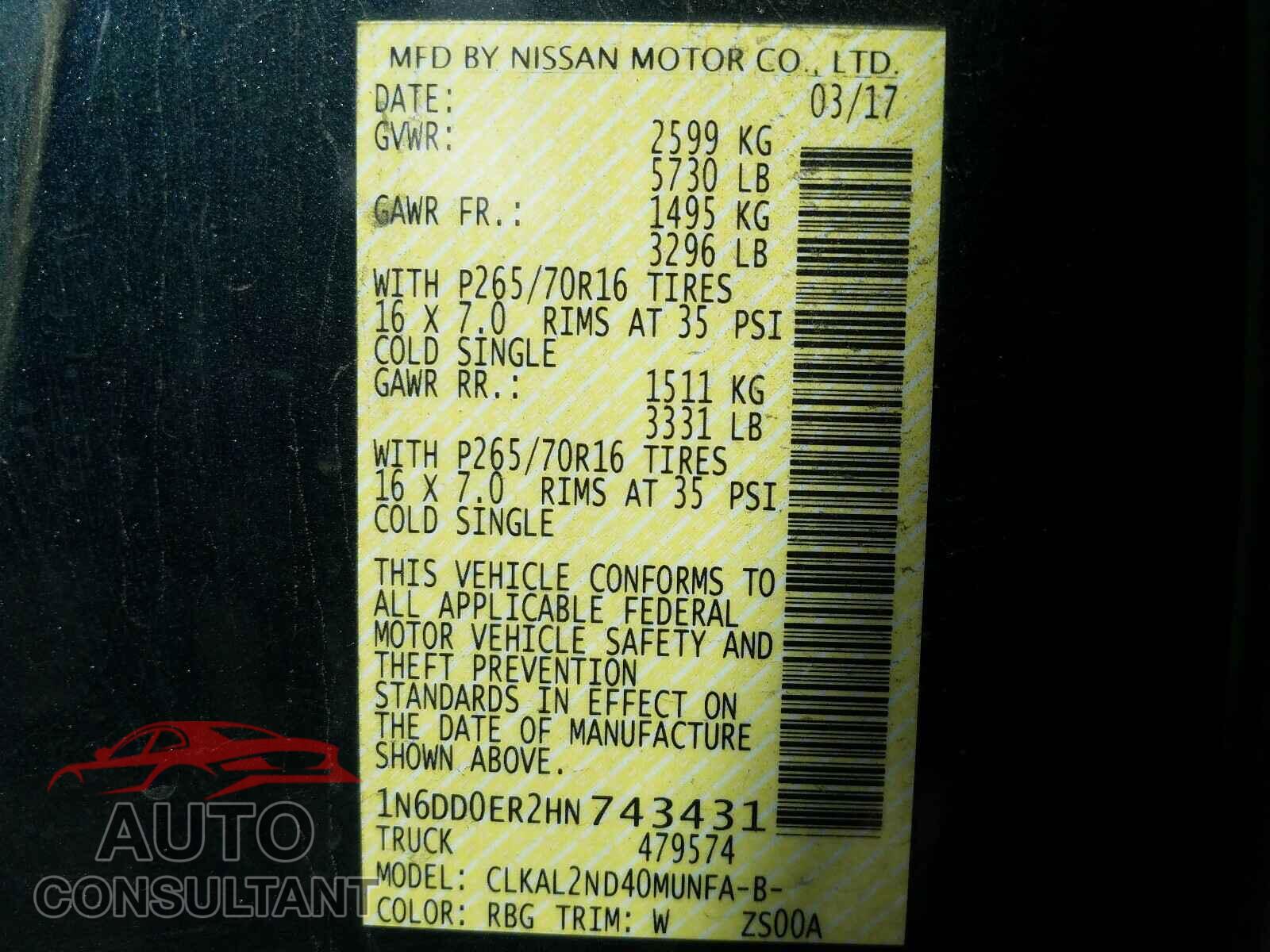 NISSAN FRONTIER 2017 - 1N6DD0ER2HN743431