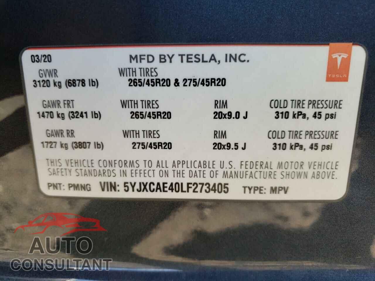 TESLA MODEL X 2020 - 5YJXCAE40LF273405