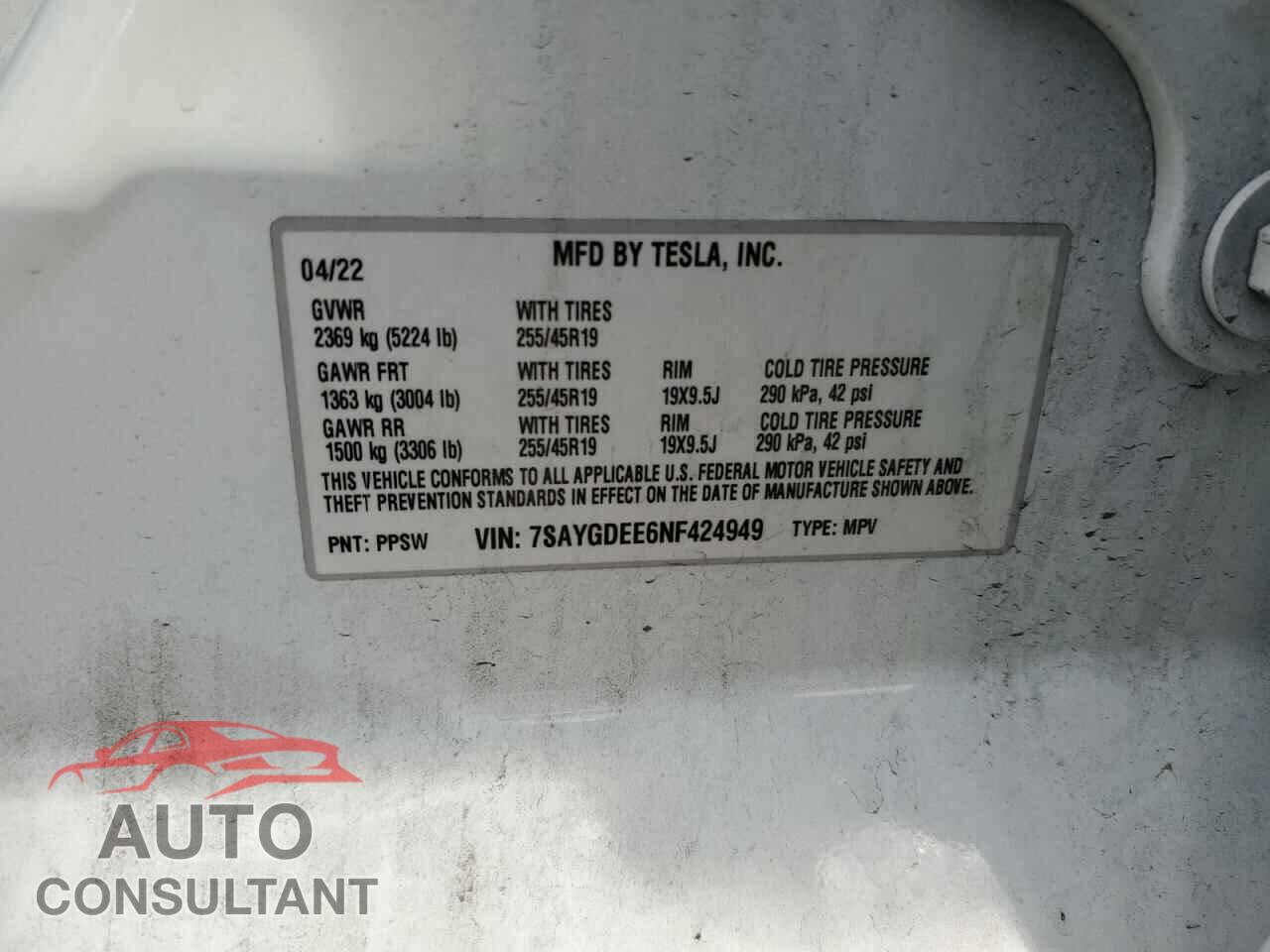 TESLA MODEL Y 2022 - 7SAYGDEE6NF424949
