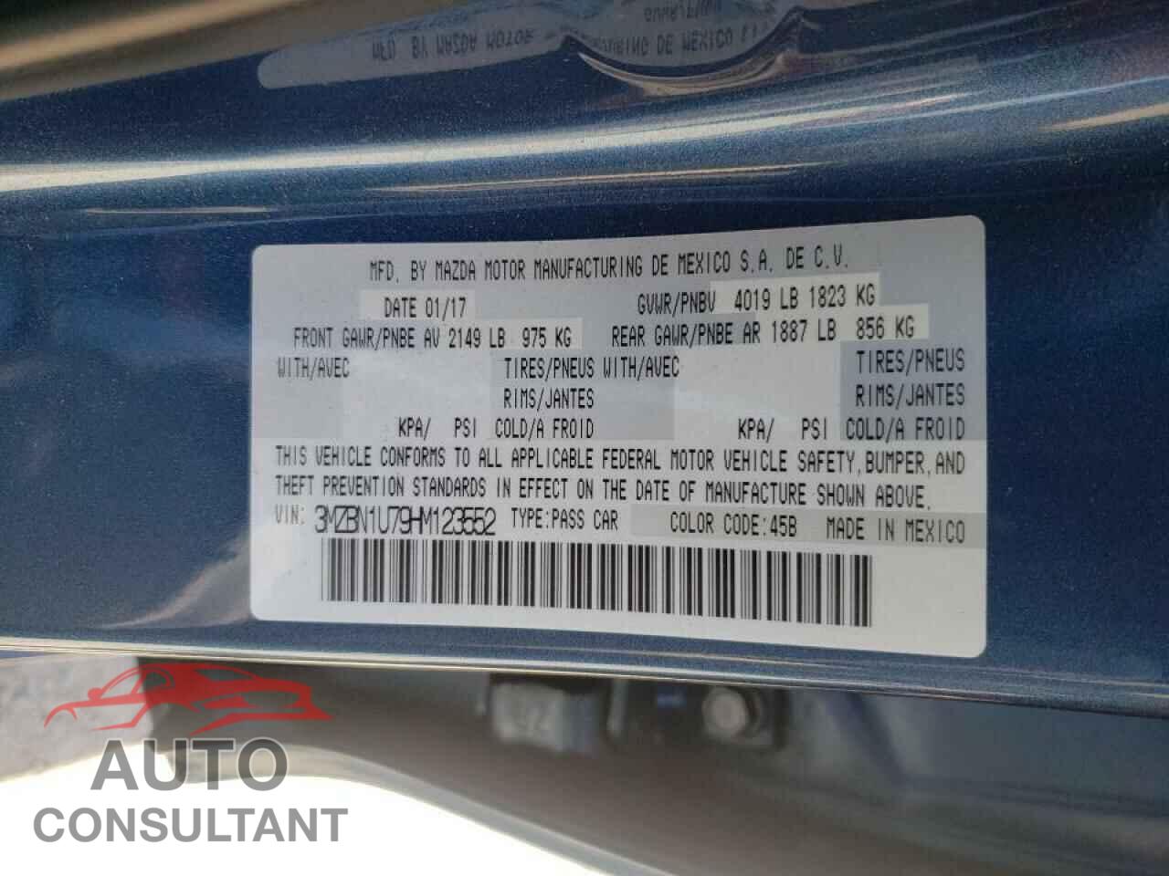 MAZDA 3 2017 - 3MZBN1U79HM123552