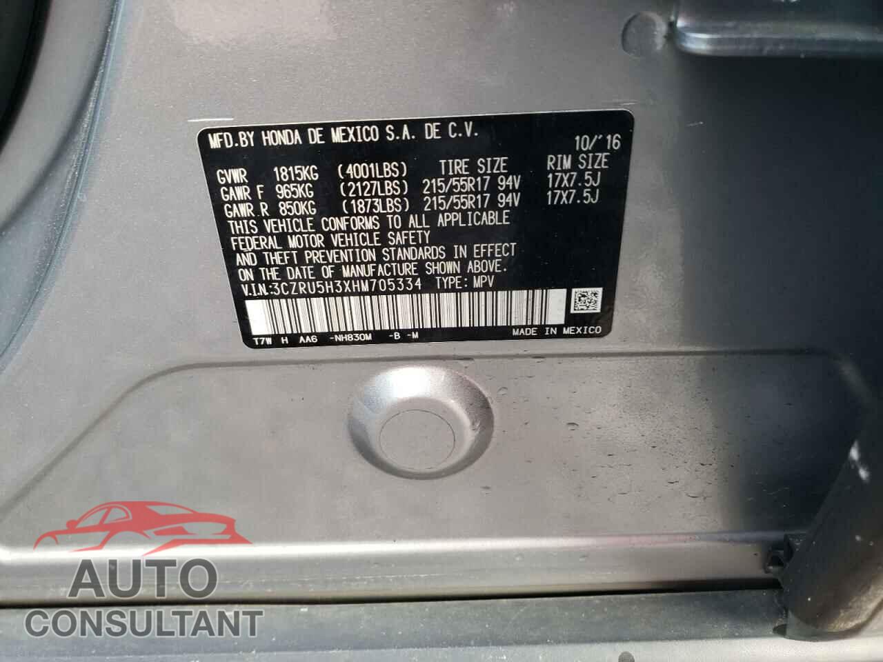 HONDA HR-V 2017 - 3CZRU5H3XHM705334