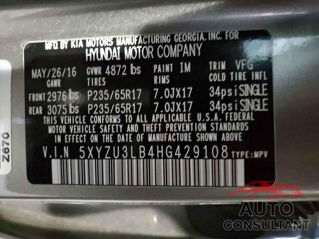 HYUNDAI SANTA FE 2017 - 5XYZU3LB4HG429108