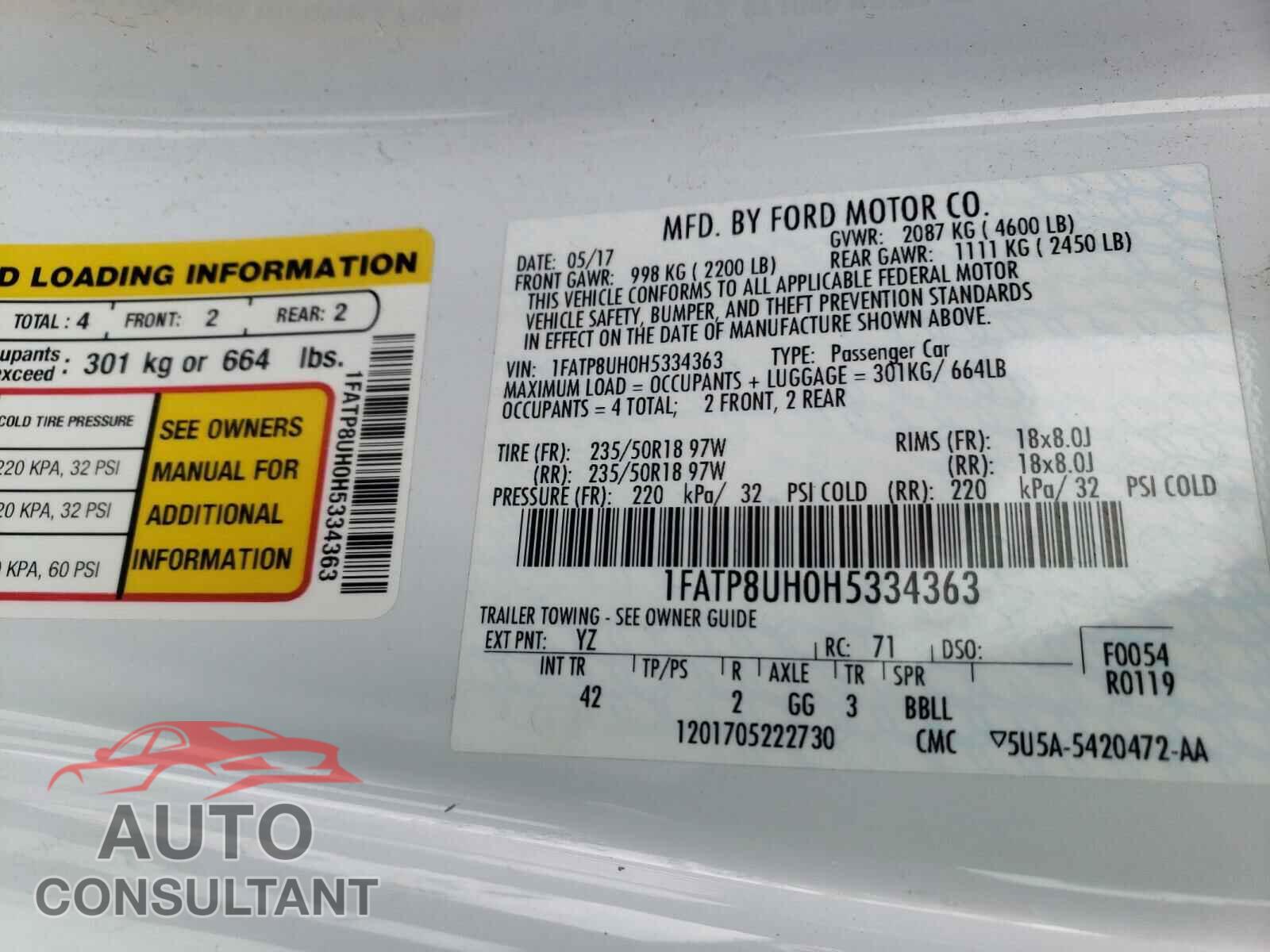 FORD MUSTANG 2017 - 1FATP8UH0H5334363