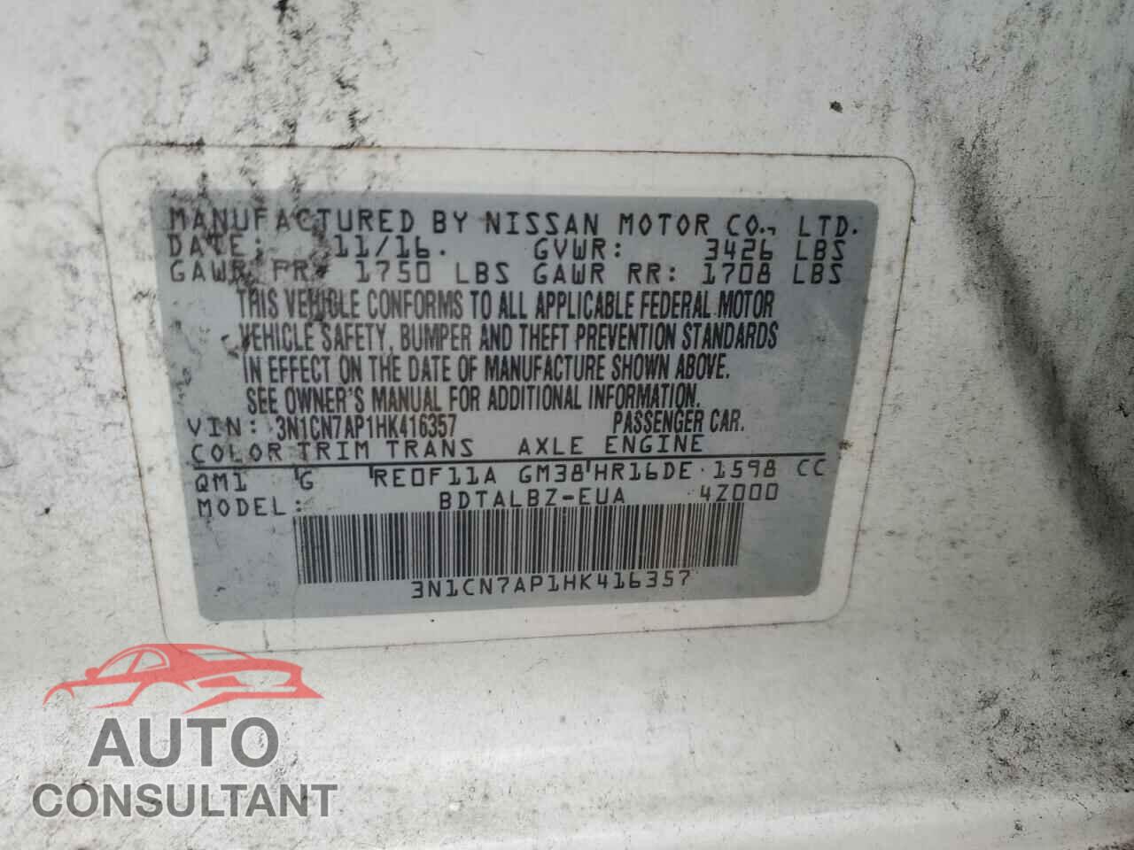NISSAN VERSA 2017 - 3N1CN7AP1HK416357