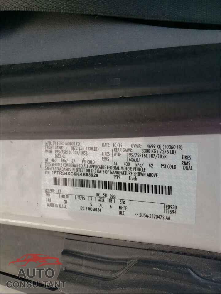 FORD TRANSIT CO 2019 - 1FTRS4XG6KKB88929