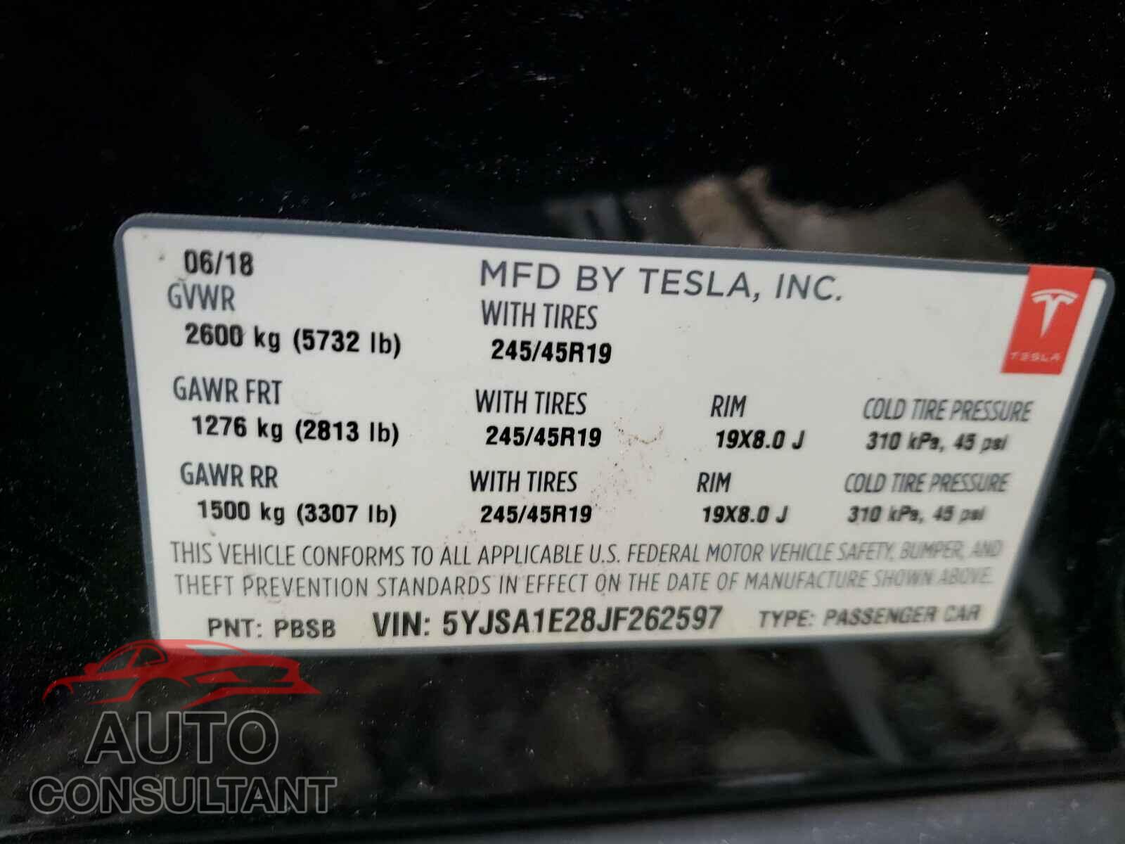 TESLA MODEL S 2018 - 5YJSA1E28JF262597