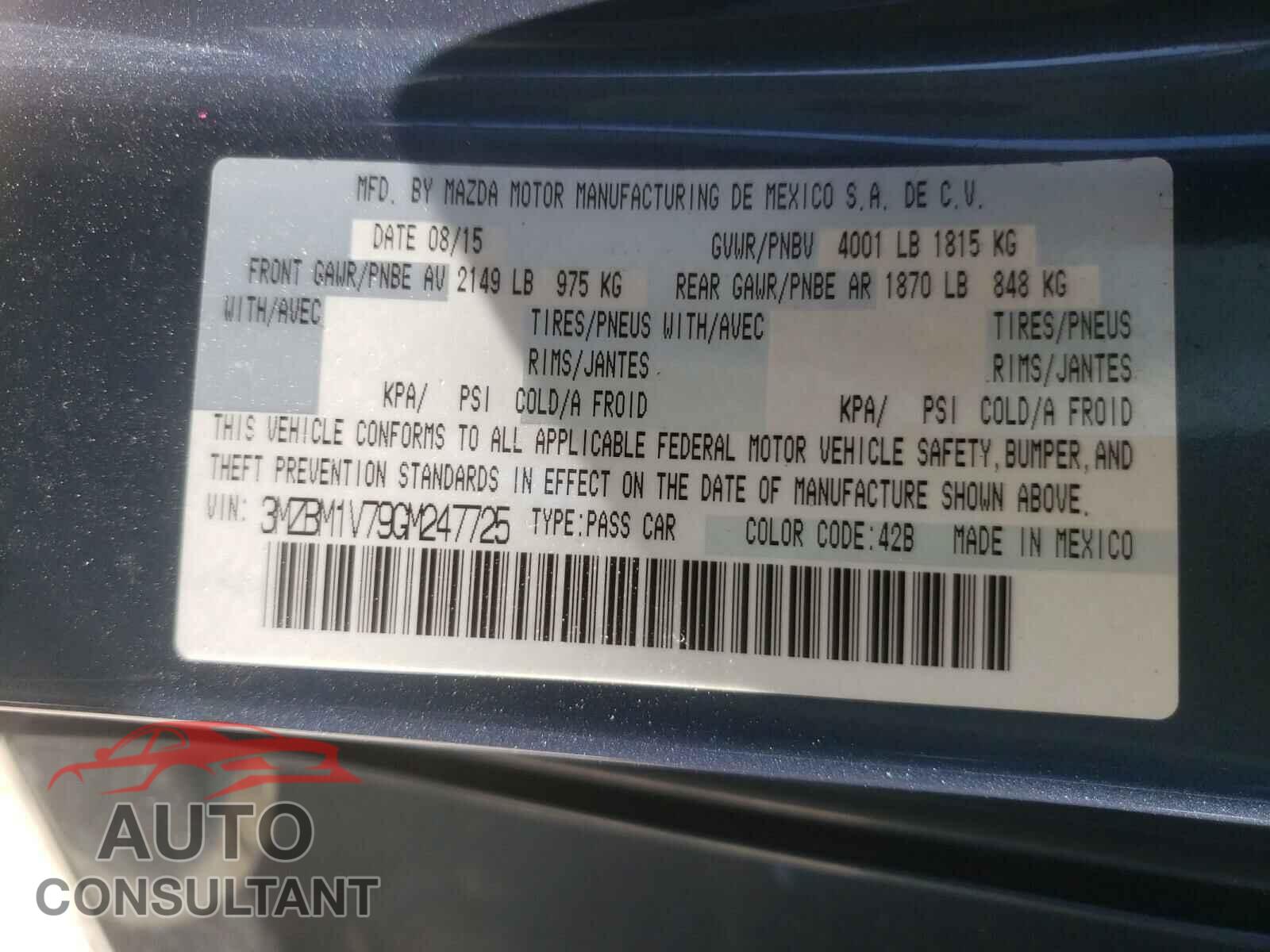 MAZDA 3 2016 - 3MZBM1V79GM247725