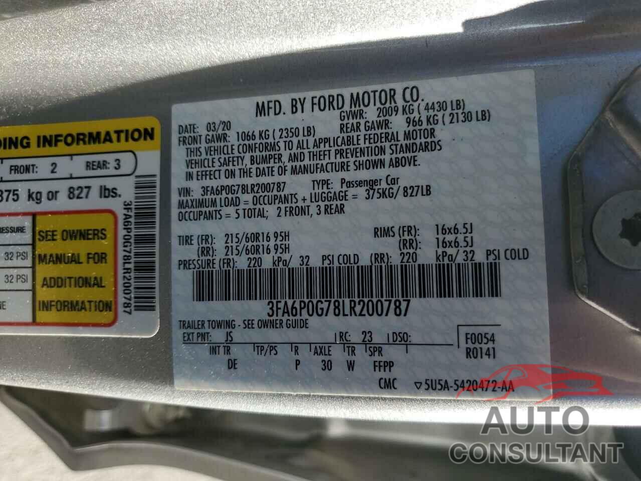 FORD FUSION 2020 - 3FA6P0G78LR200787