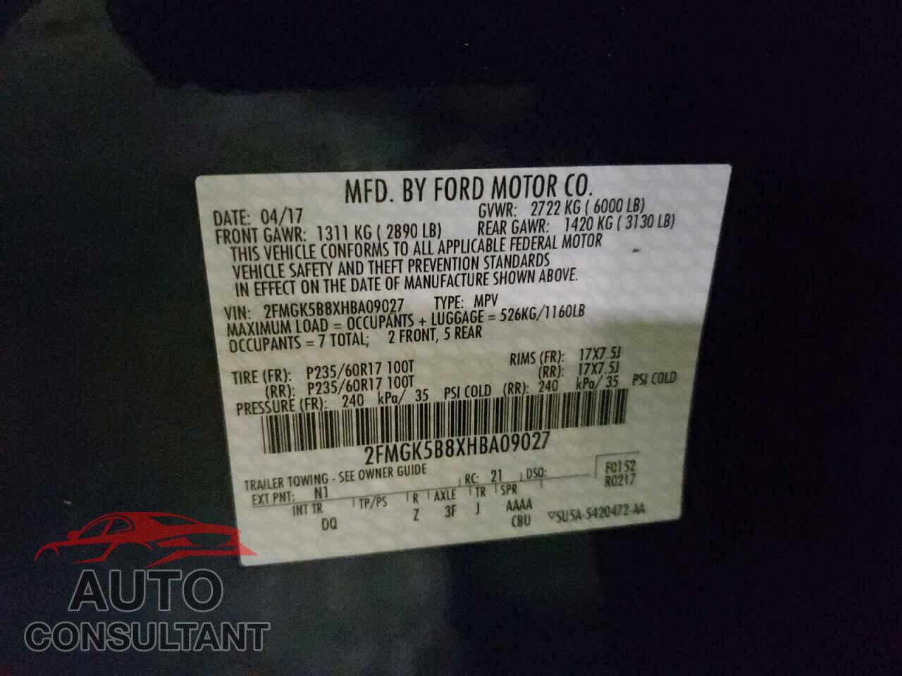 FORD FLEX 2017 - 2FMGK5B8XHBA09027