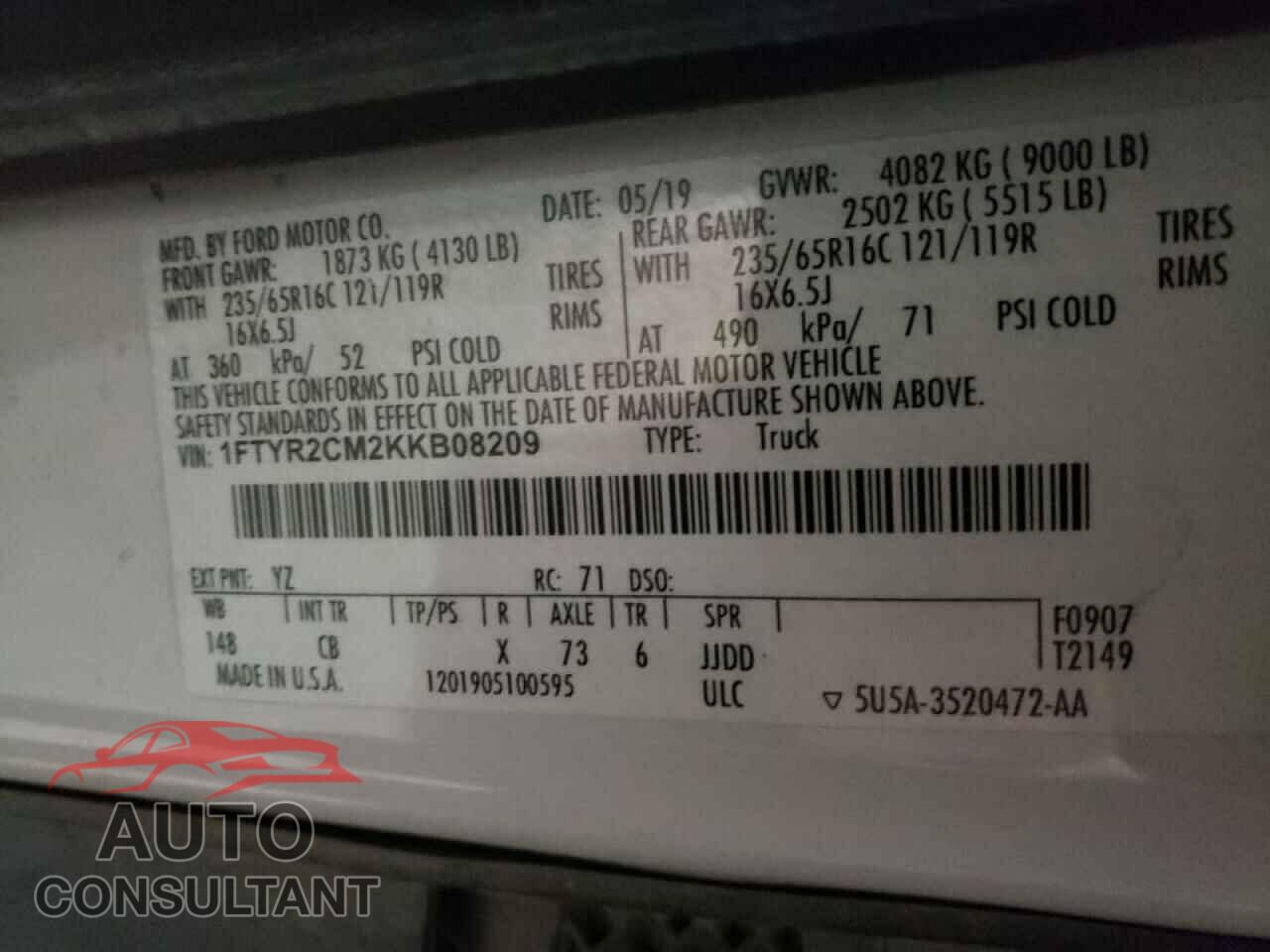 FORD TRANSIT CO 2019 - 1FTYR2CM2KKB08209