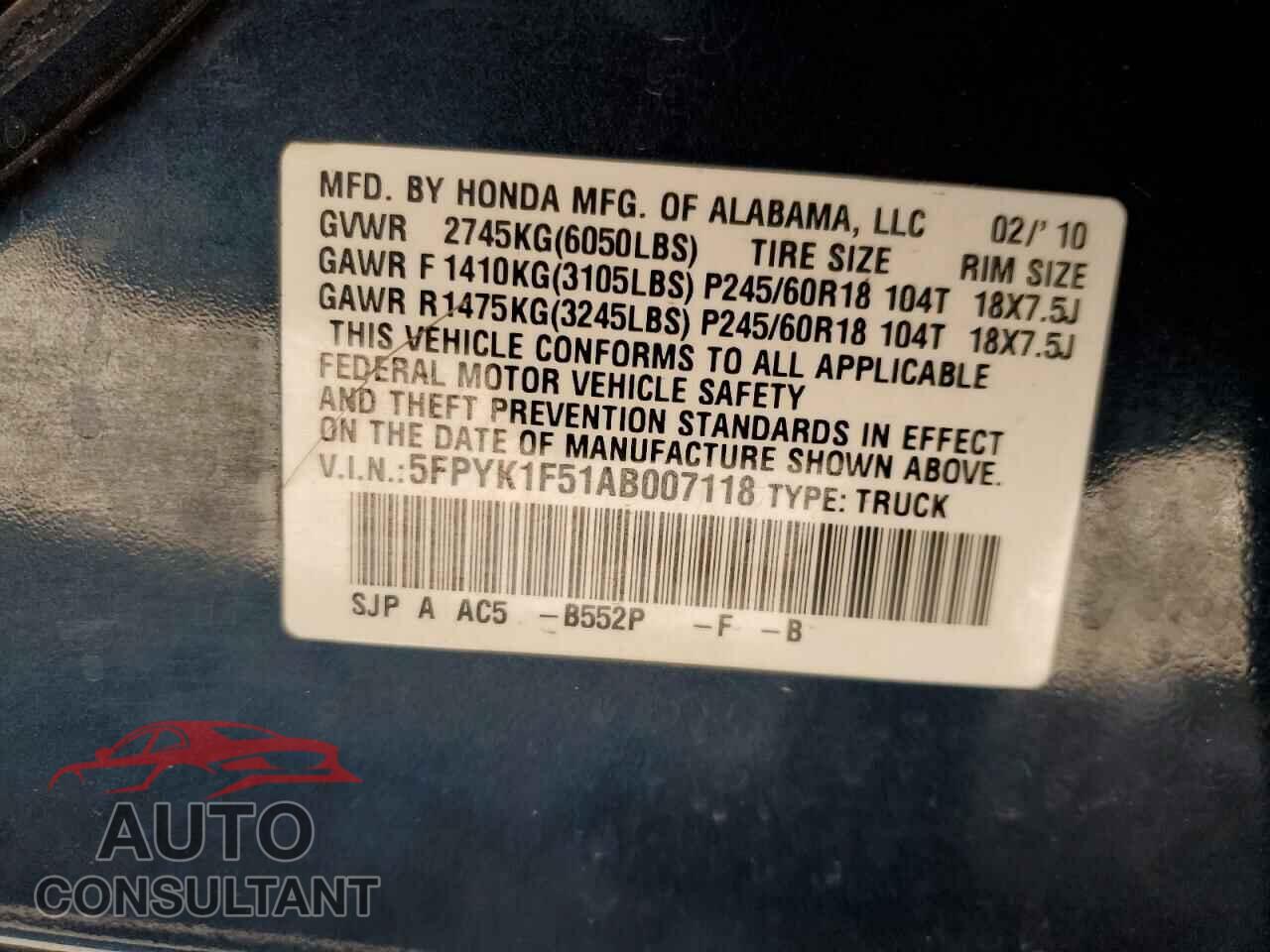 HONDA RIDGELINE 2010 - 5FPYK1F51AB007118