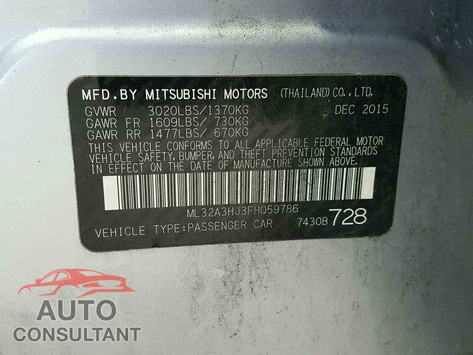 MITSUBISHI MIRAGE 2015 - ML32A3HJ3FH059786