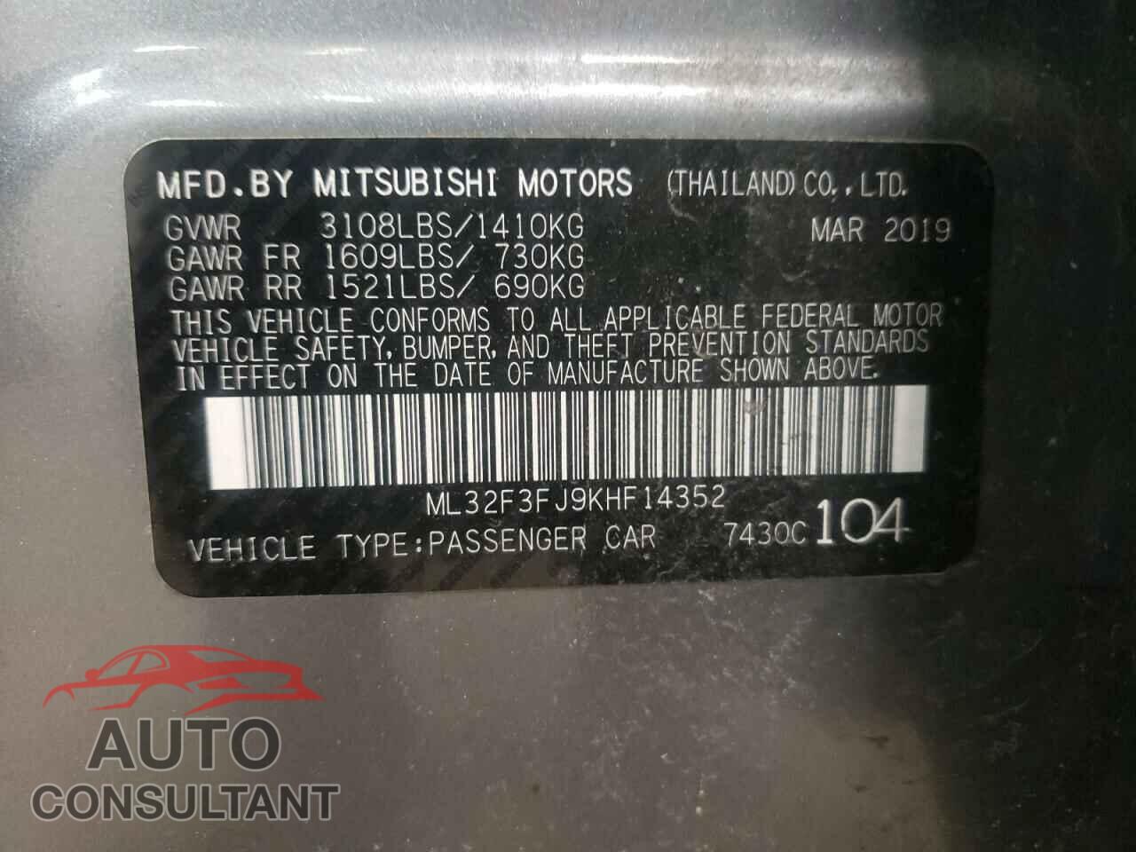 MITSUBISHI MIRAGE 2019 - ML32F3FJ9KHF14352