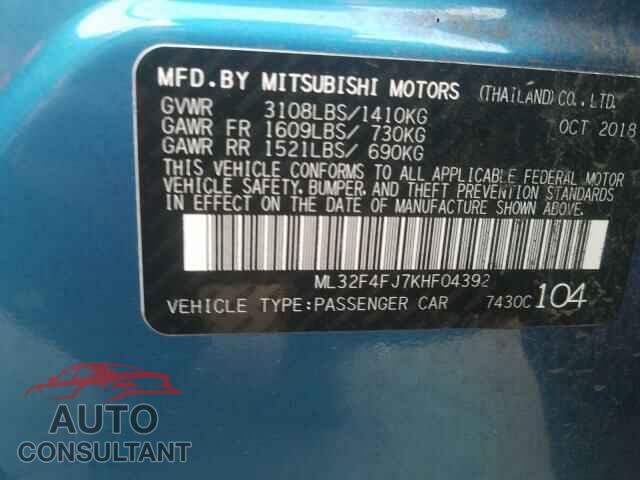 MITSUBISHI MIRAGE 2019 - ML32F4FJ7KHF04392