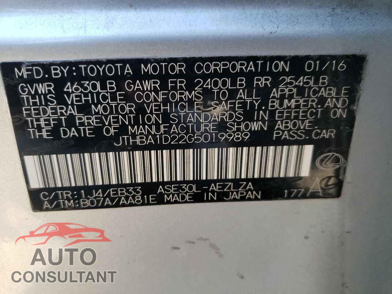 LEXUS IS 2016 - JTHBA1D22G5019989
