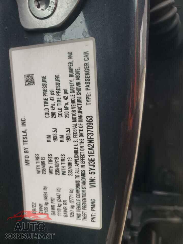TESLA MODEL 3 2022 - 5YJ3E1EA2NF370963