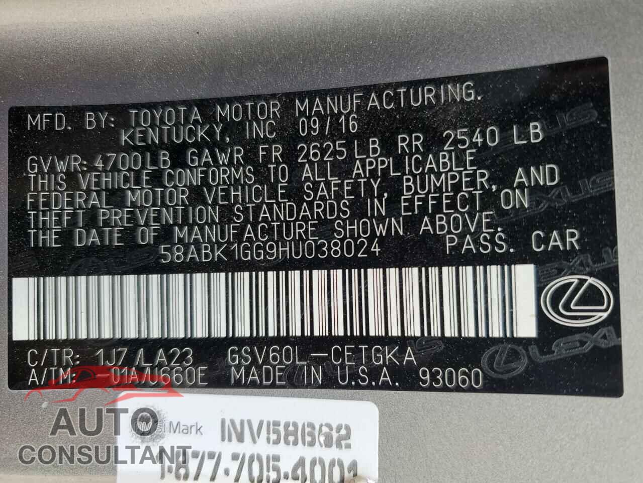 LEXUS ES350 2017 - 58ABK1GG9HU038024