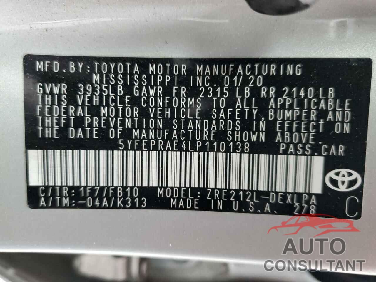 TOYOTA COROLLA 2020 - 5YFEPRAE4LP110138