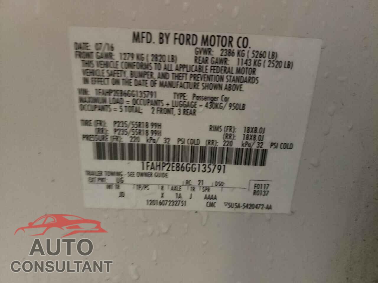 FORD TAURUS 2016 - 1FAHP2E86GG135791