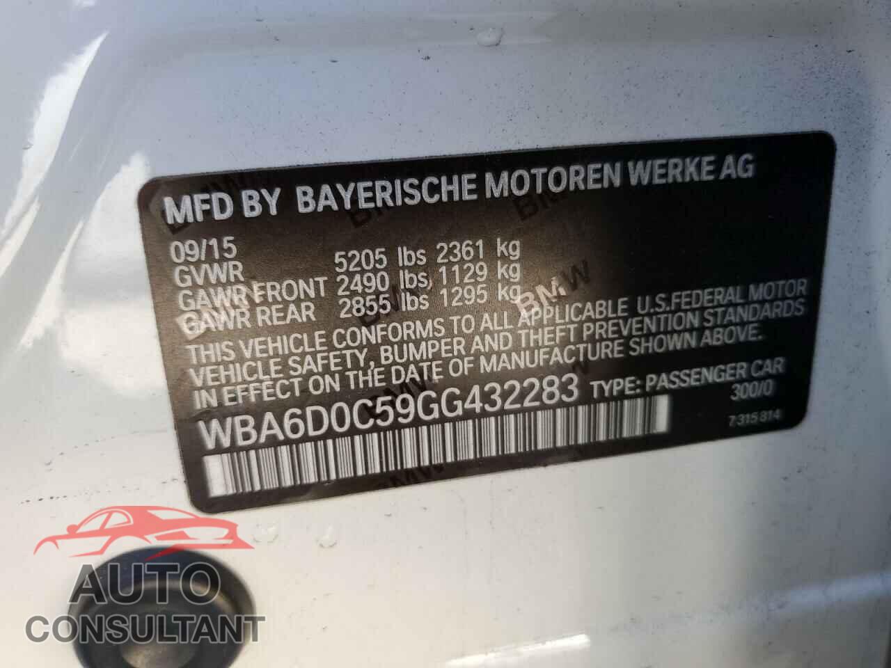 BMW 6 SERIES 2016 - WBA6D0C59GG432283