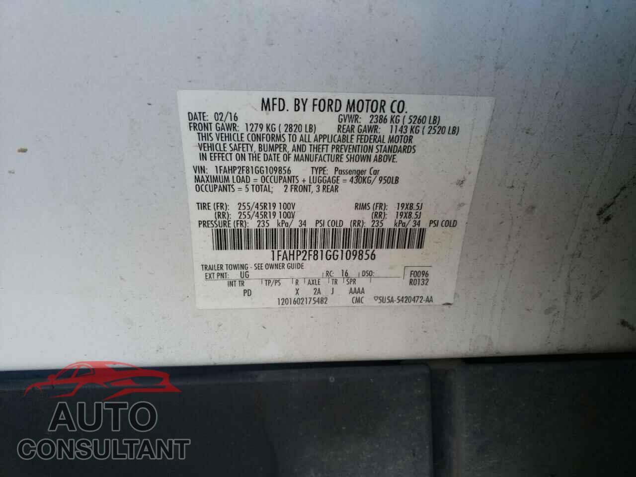 FORD TAURUS 2016 - 1FAHP2F81GG109856