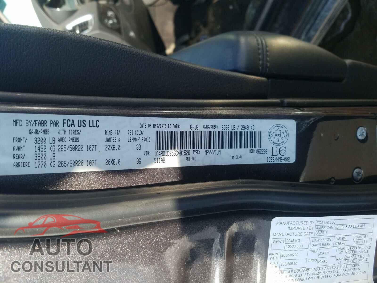 DODGE DURANGO 2016 - 1C4RDJDG5GC481526