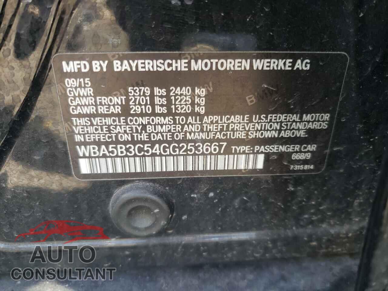 BMW 5 SERIES 2016 - WBA5B3C54GG253667