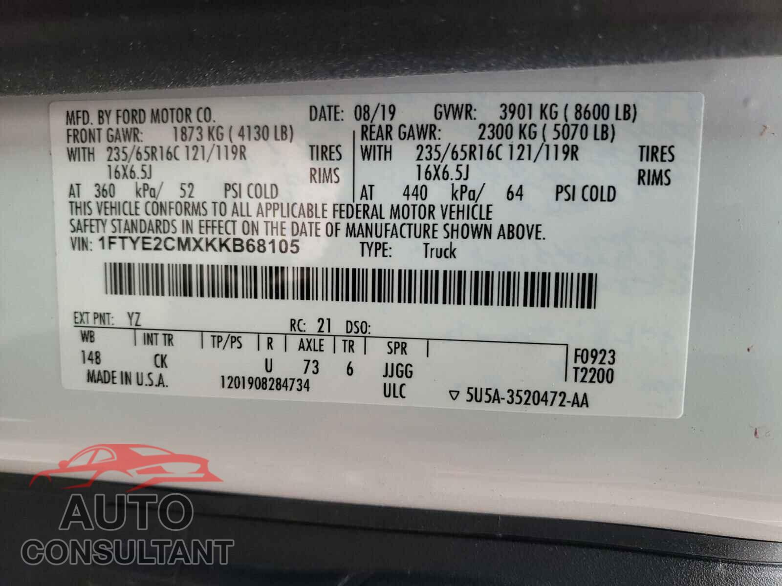 FORD TRANSIT CO 2019 - 1FTYE2CMXKKB68105