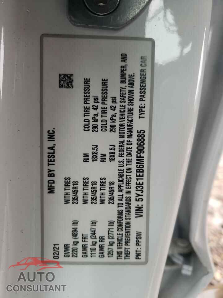TESLA MODEL 3 2021 - 5YJ3E1EB6MF906885