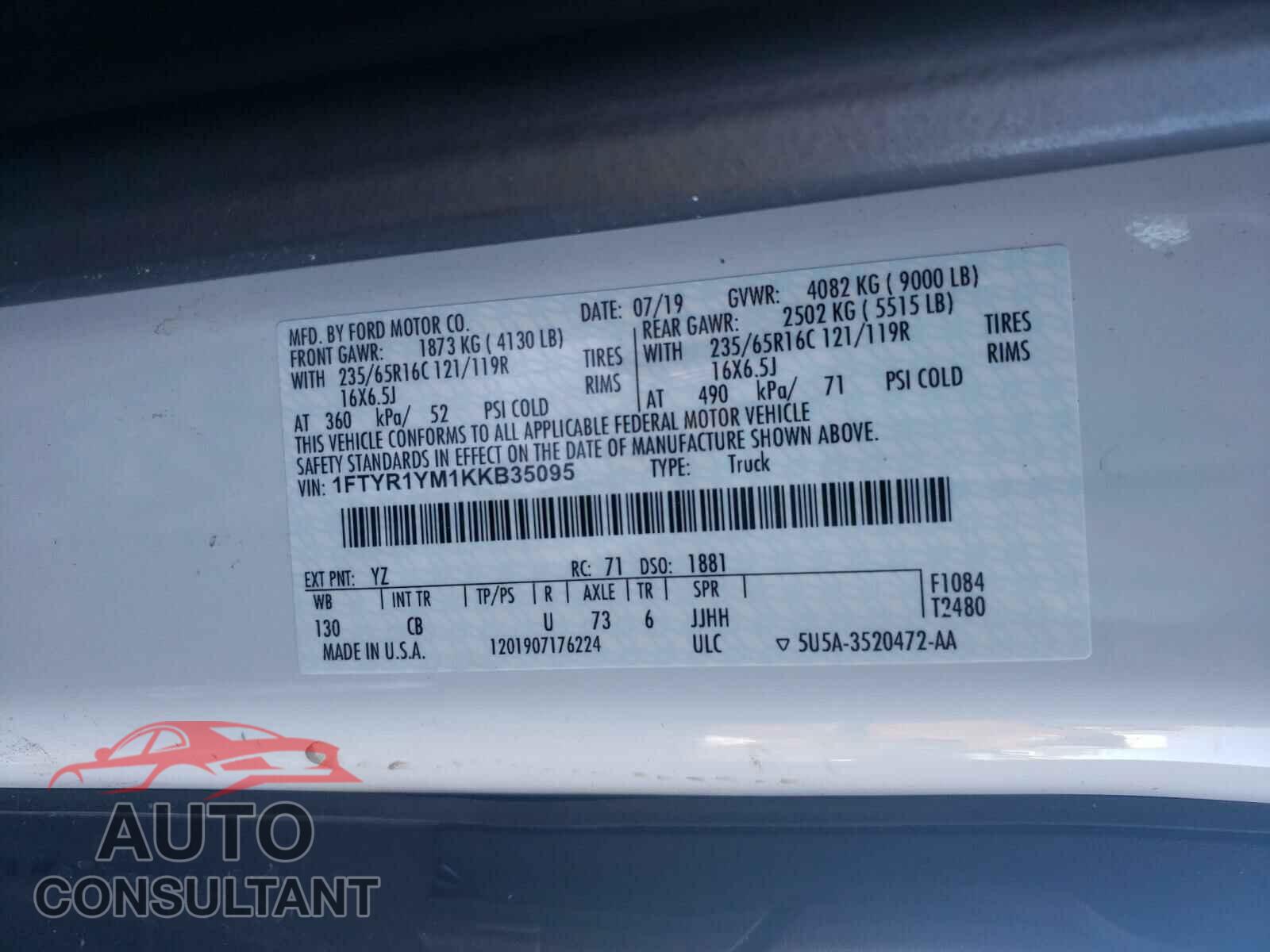 FORD TRANSIT CO 2019 - 1FTYR1YM1KKB35095