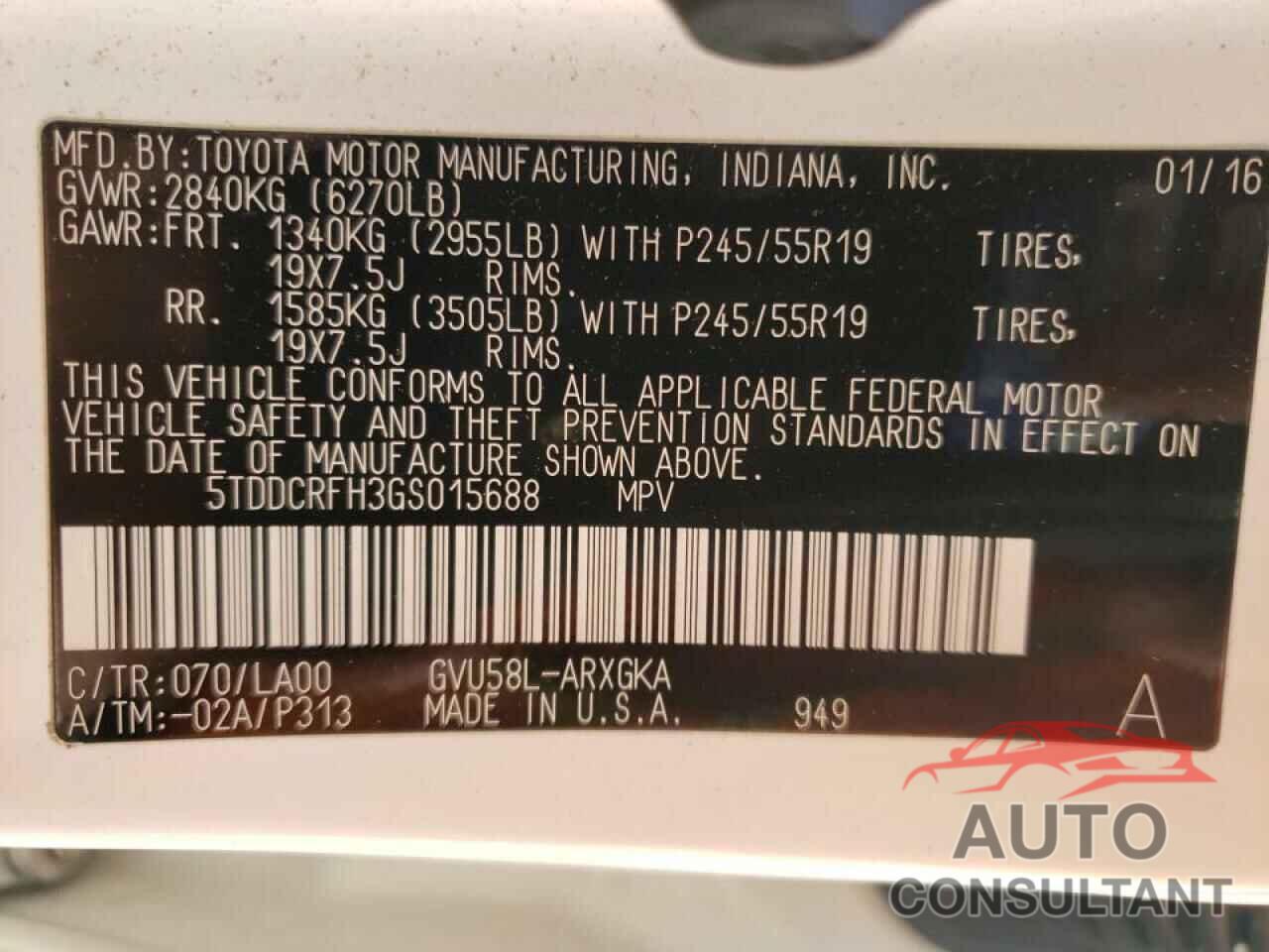 TOYOTA HIGHLANDER 2016 - 5TDDCRFH3GS015688