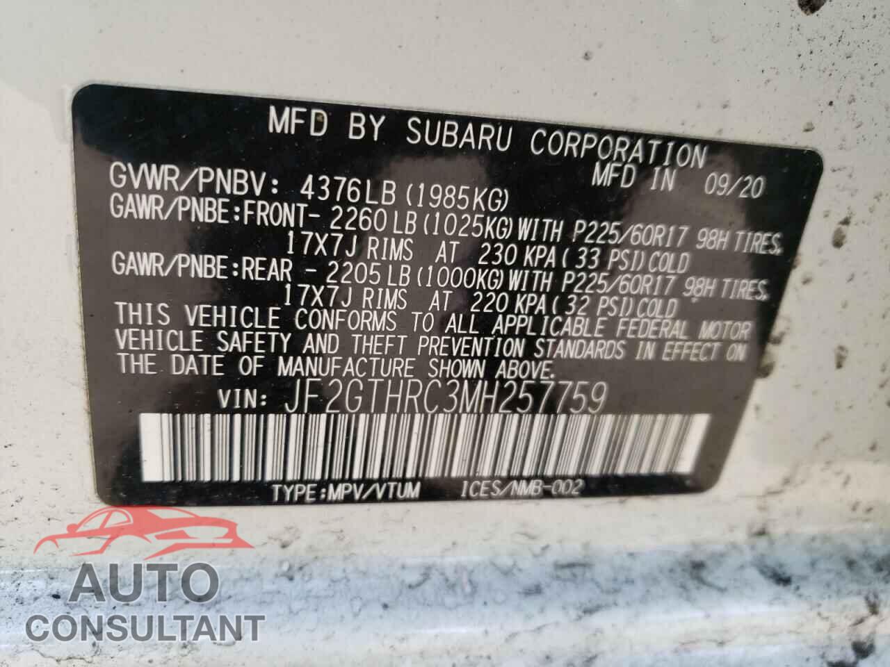 SUBARU CROSSTREK 2021 - JF2GTHRC3MH257759