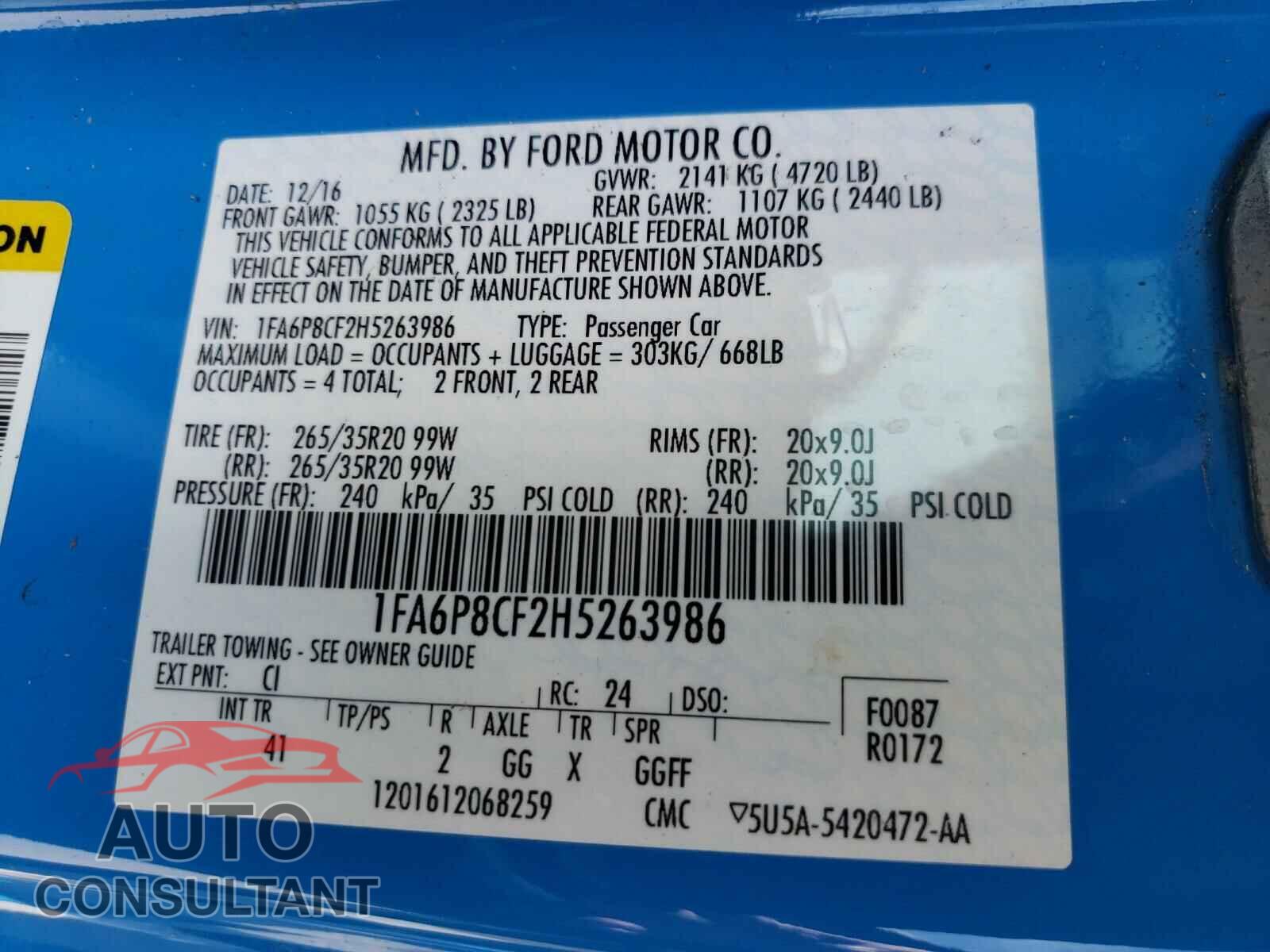 FORD MUSTANG 2017 - 1FA6P8CF2H5263986