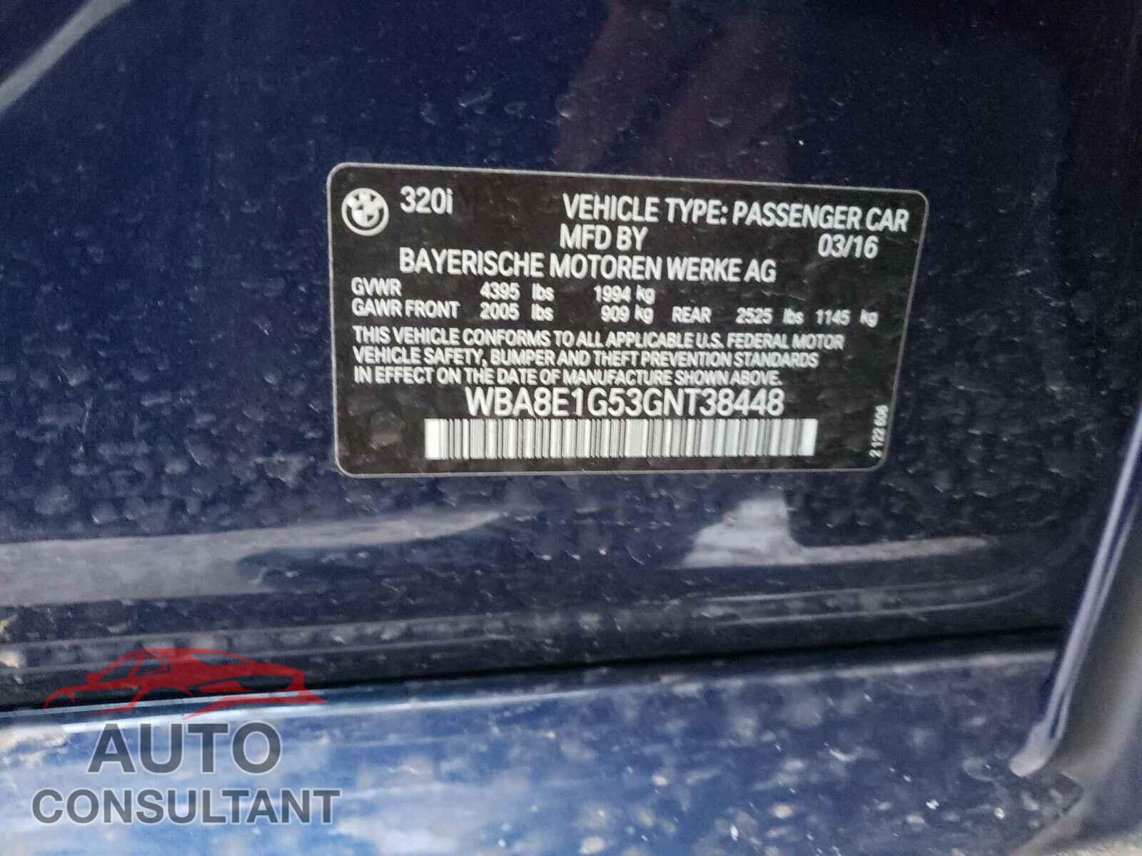 BMW 3 SERIES 2016 - WBA8E1G53GNT38448