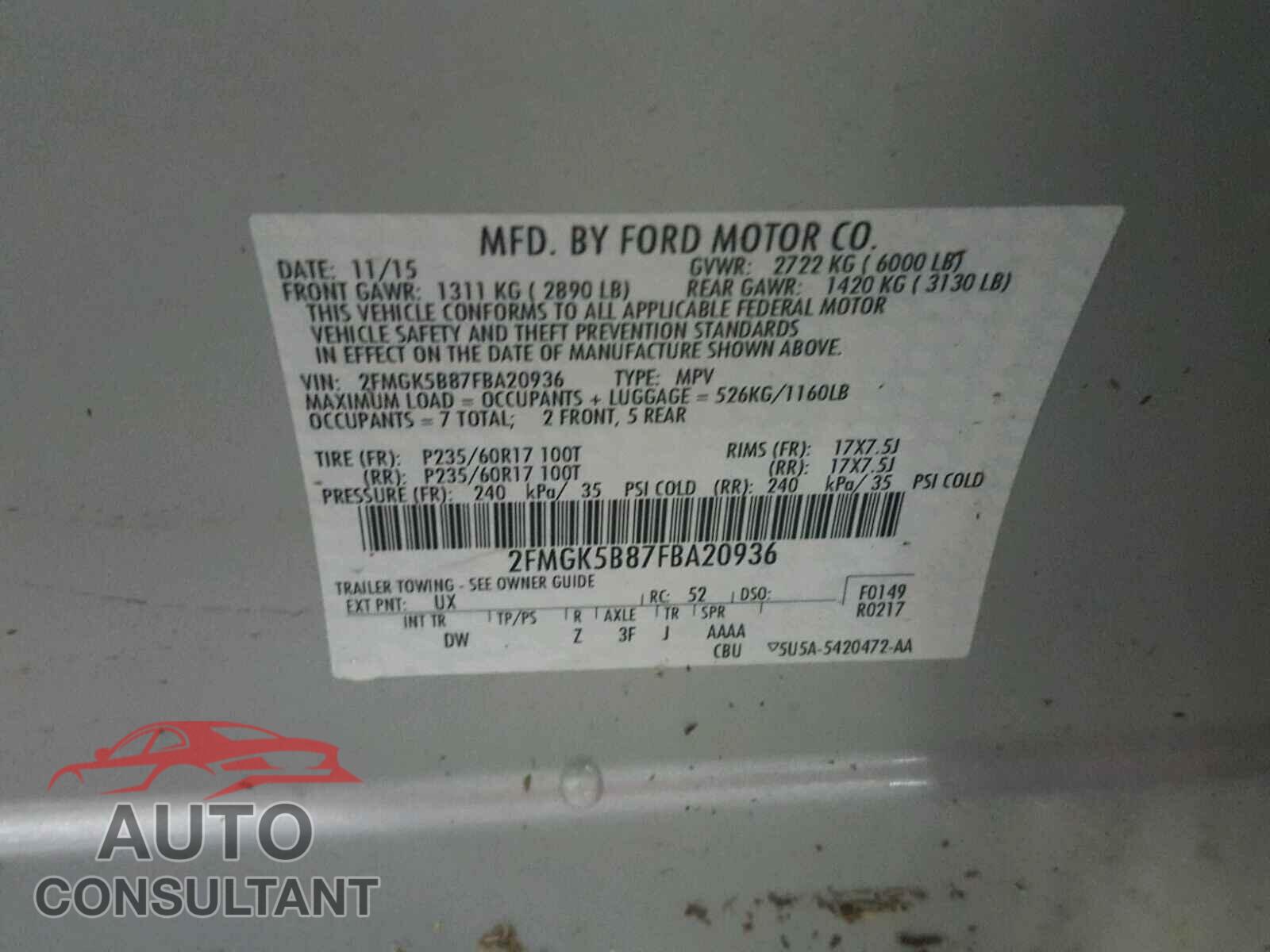 FORD FLEX 2015 - 2FMGK5B87FBA20936