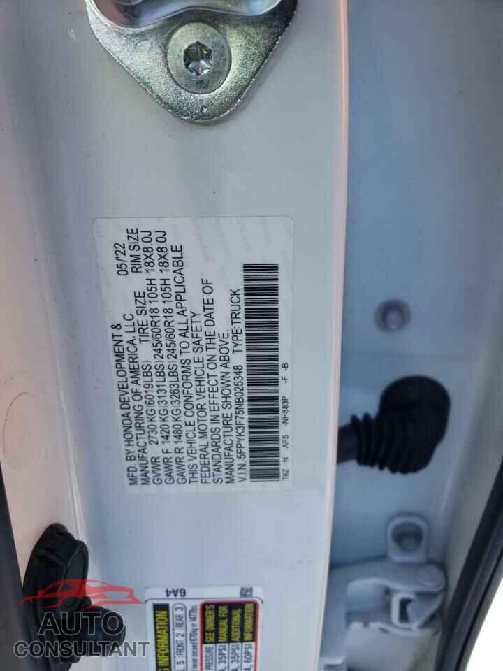 HONDA RIDGELINE 2022 - 5FPYK3F75NB025348