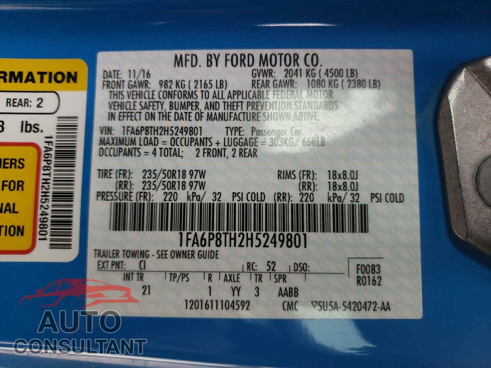 FORD MUSTANG 2017 - 1FA6P8TH2H5249801