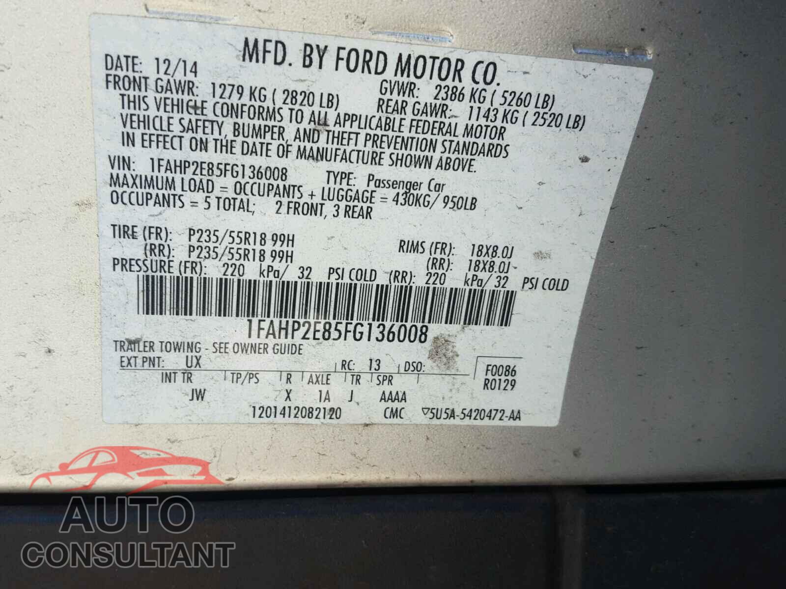 FORD TAURUS 2015 - 1FAHP2E85FG136008