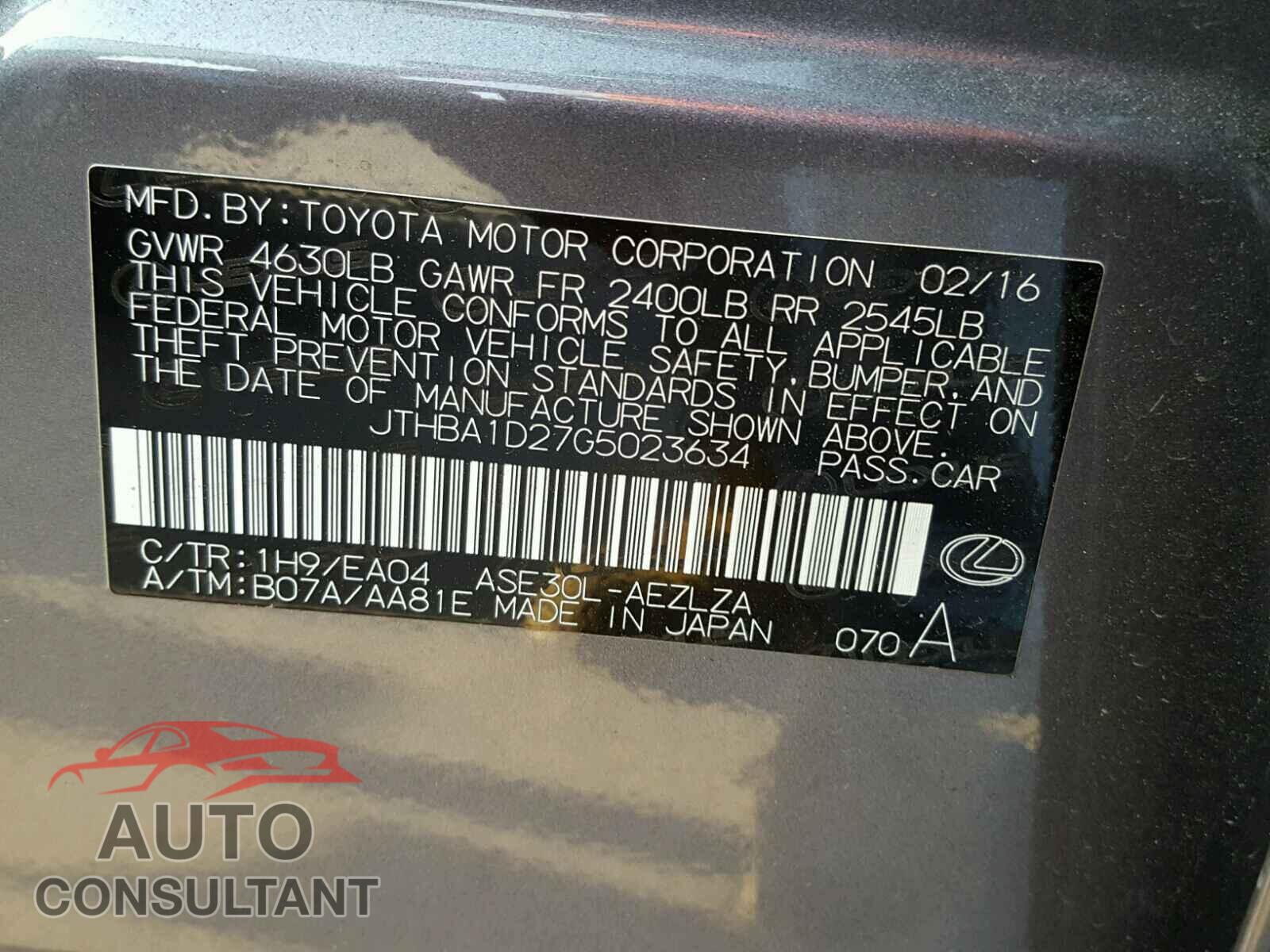 LEXUS IS 2016 - JTHBA1D27G5023634