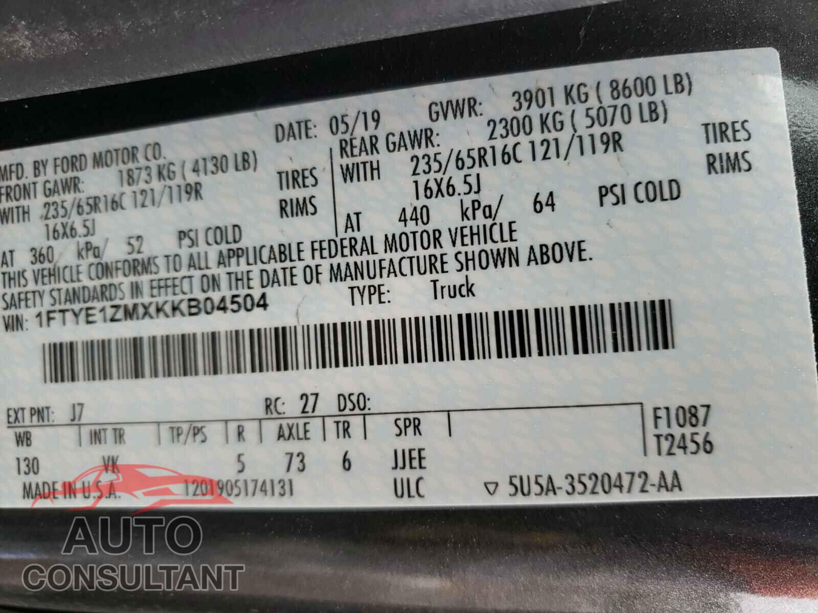 FORD TRANSIT CO 2019 - 1FTYE1ZMXKKB04504