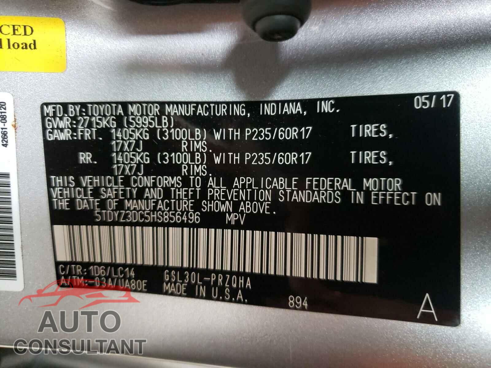 TOYOTA SIENNA 2017 - 5TDYZ3DC5HS856496