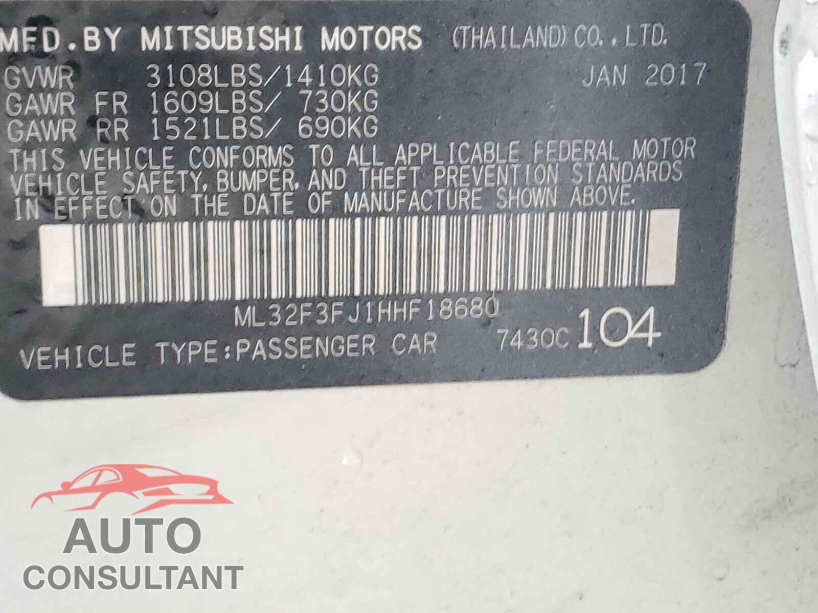 MITSUBISHI MIRAGE 2017 - ML32F3FJ1HHF18680