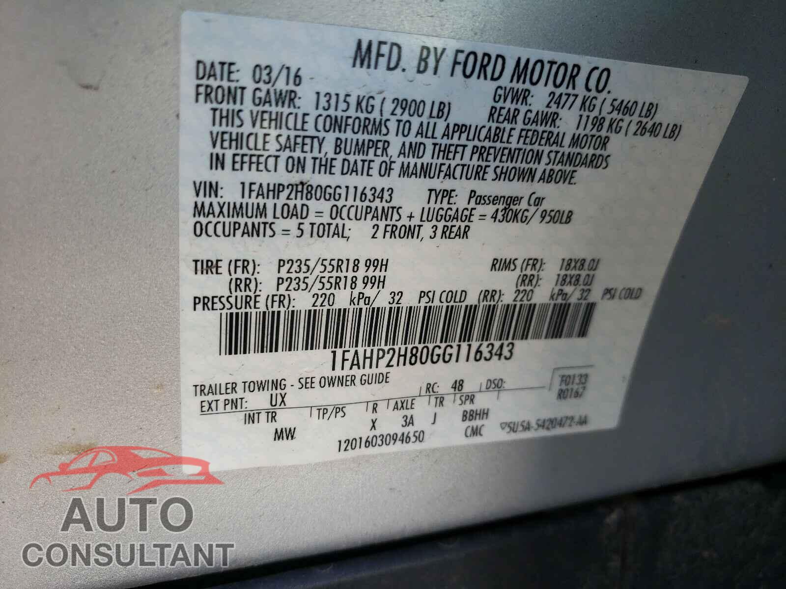 FORD TAURUS 2016 - 1FAHP2H80GG116343