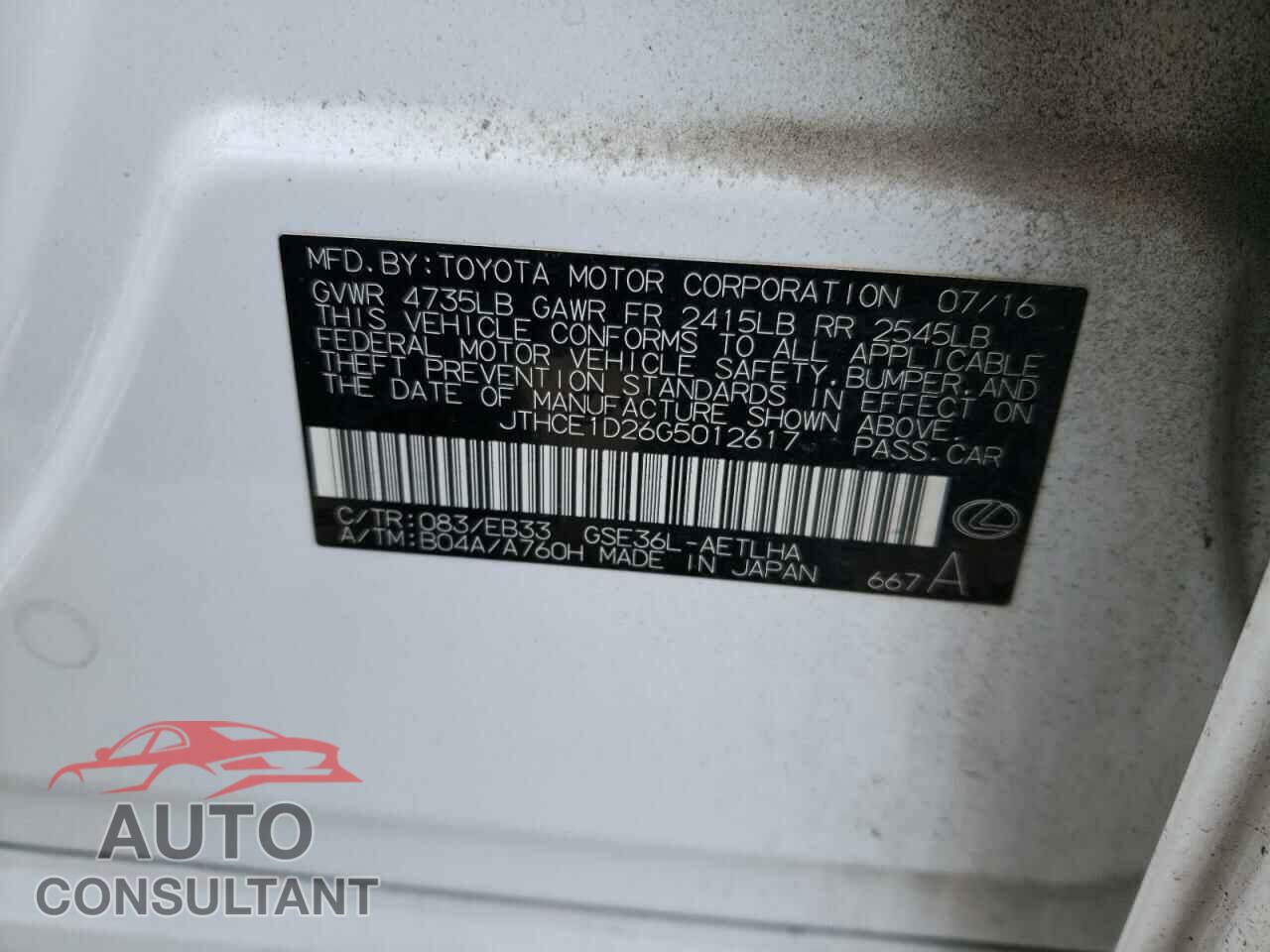 LEXUS IS 2016 - JTHCE1D26G5012617